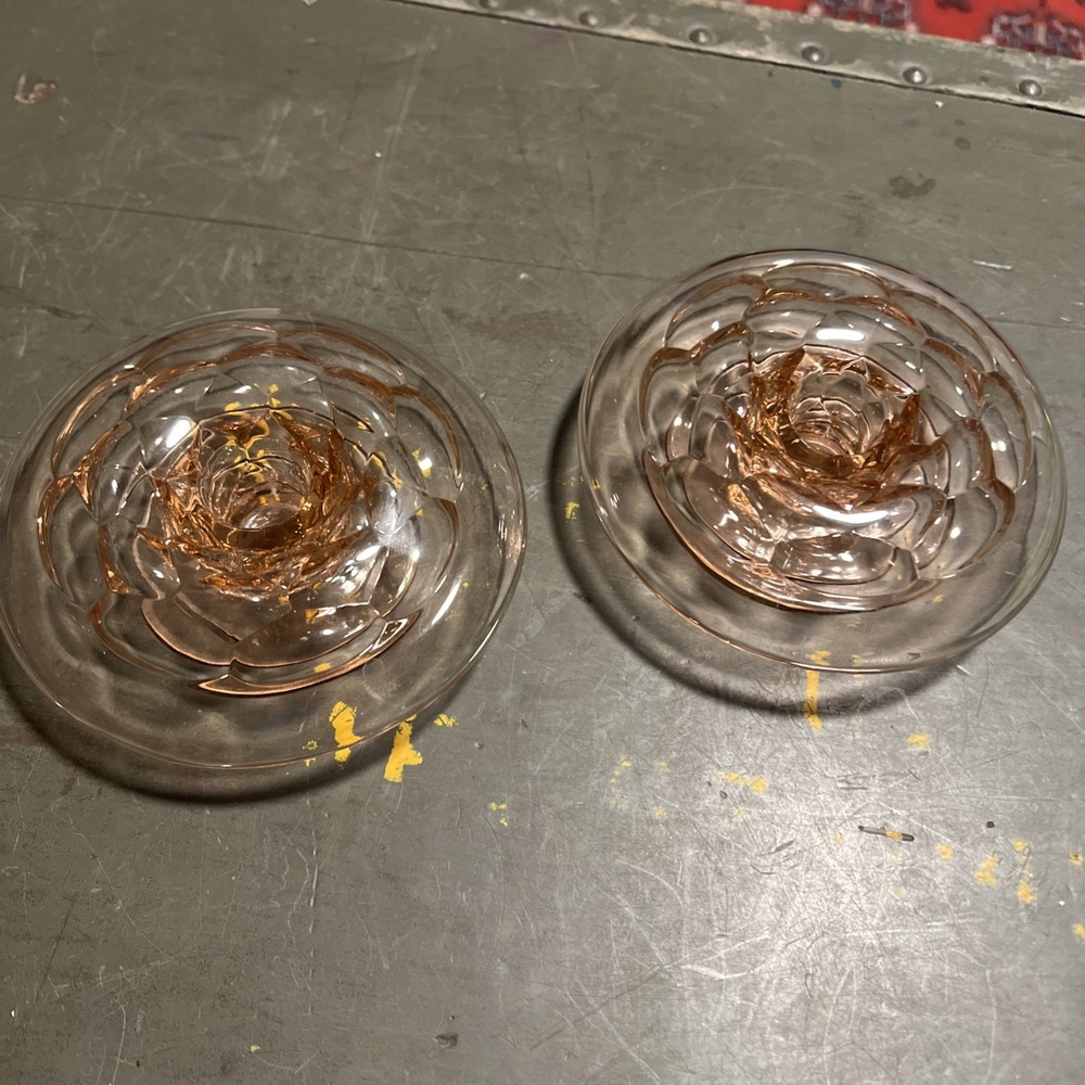 Pink Depression Glass Etched Rolled Edge CandleHolder Vtg 1.5"x5" Set Of 2